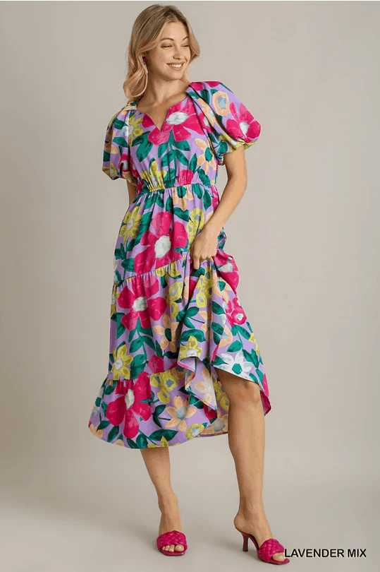 knee length dresses for ladies Umgee Navy Mix Floral Button-Front Midi Dress – Ruby Idol Apparel main image 0